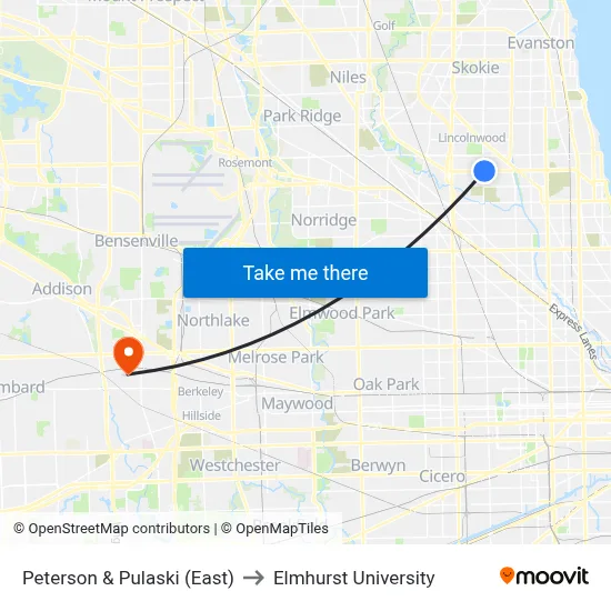 Peterson & Pulaski (East) to Elmhurst University map