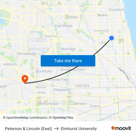 Peterson & Lincoln (East) to Elmhurst University map