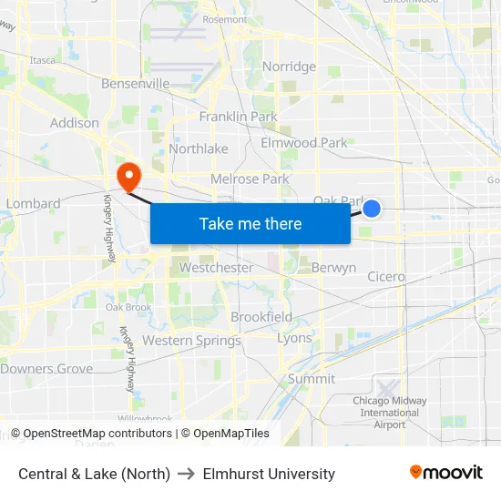 Central & Lake (North) to Elmhurst University map
