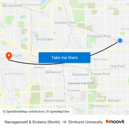 Narragansett & Dickens (North) to Elmhurst University map