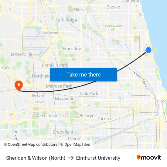Sheridan & Wilson (North) to Elmhurst University map