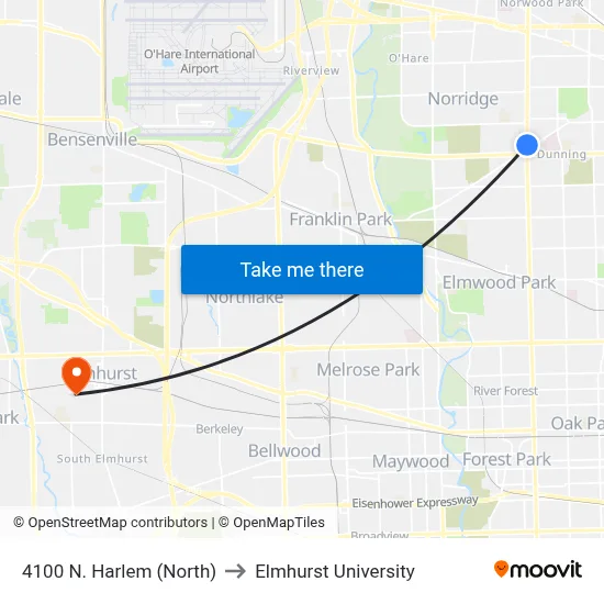 4100 N. Harlem (North) to Elmhurst University map