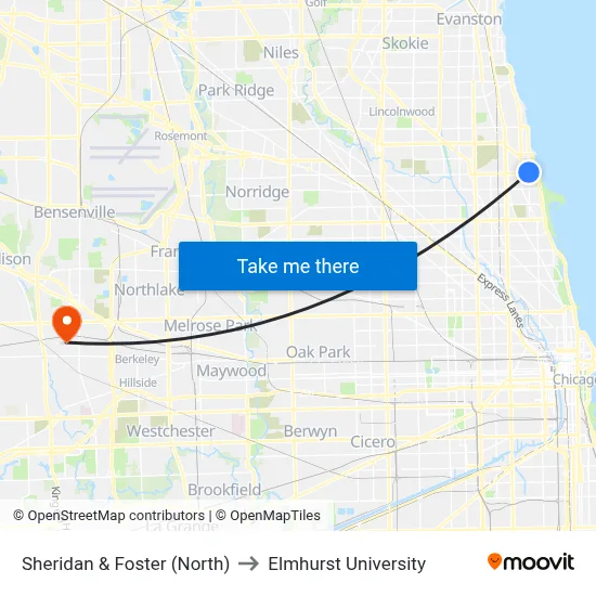 Sheridan & Foster (North) to Elmhurst University map