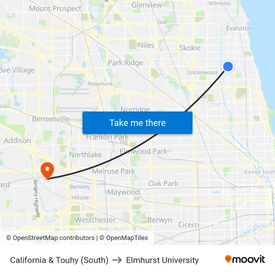 California & Touhy (South) to Elmhurst University map