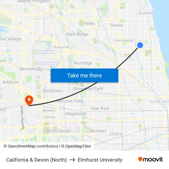 California & Devon (North) to Elmhurst University map