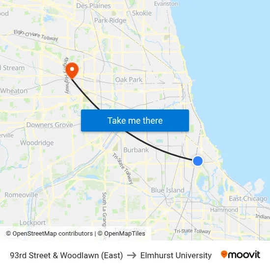 93rd Street & Woodlawn (East) to Elmhurst University map