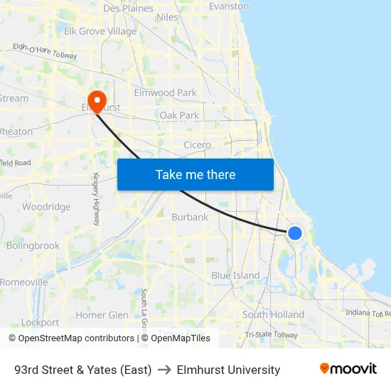 93rd Street & Yates (East) to Elmhurst University map