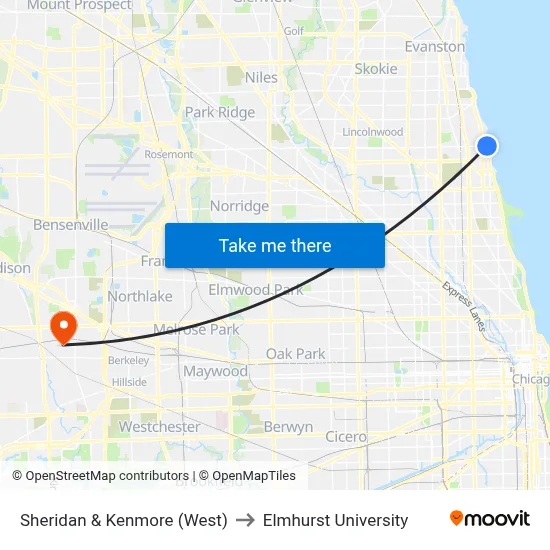 Sheridan & Kenmore (West) to Elmhurst University map