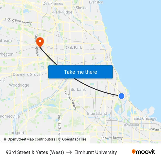 93rd Street & Yates (West) to Elmhurst University map