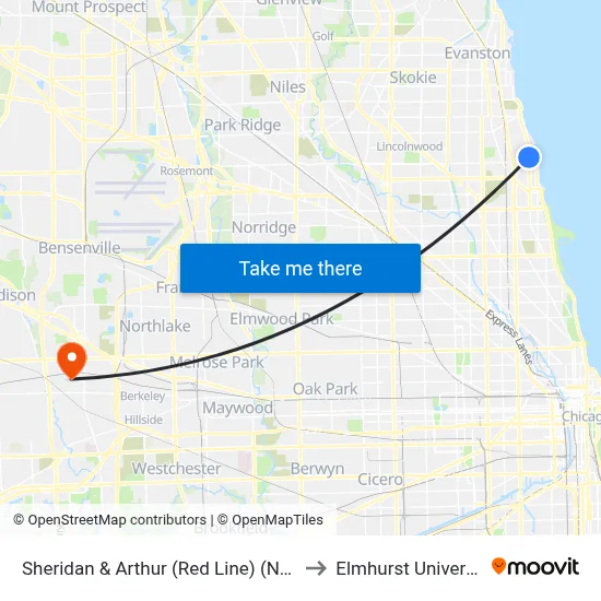 Sheridan & Arthur (Red Line) (North) to Elmhurst University map