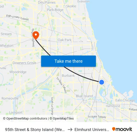 95th Street & Stony Island (West) to Elmhurst University map