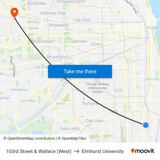 103rd Street & Wallace (West) to Elmhurst University map