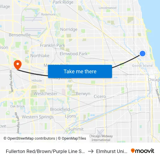 Fullerton Red/Brown/Purple Line Station (West) to Elmhurst University map
