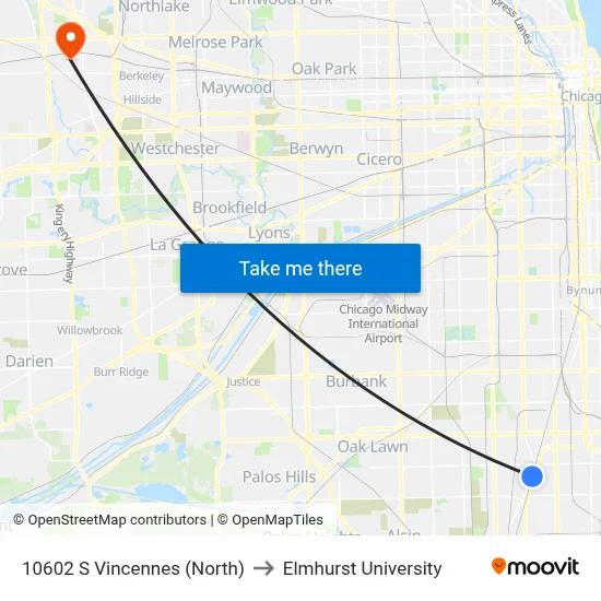 10602 S Vincennes (North) to Elmhurst University map