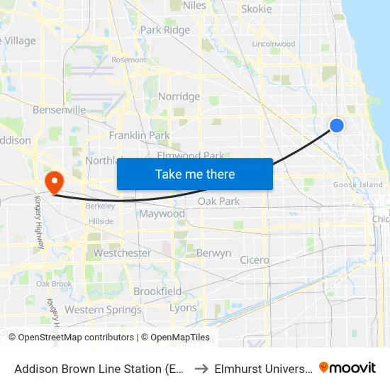 Addison Brown Line Station (East) to Elmhurst University map