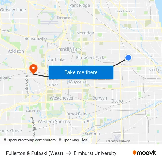 Fullerton & Pulaski (West) to Elmhurst University map