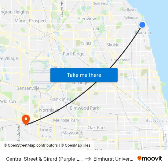 Central Street & Girard (Purple Line) to Elmhurst University map