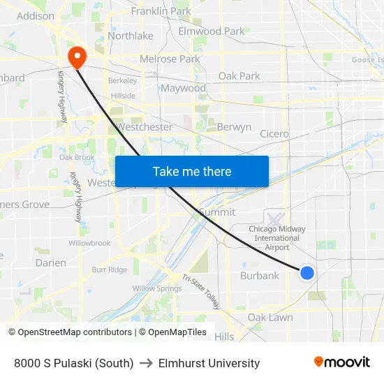 8000 S Pulaski (South) to Elmhurst University map