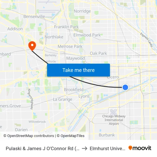 Pulaski & James J O'Connor Rd (North) to Elmhurst University map