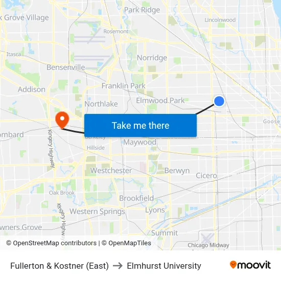 Fullerton & Kostner (East) to Elmhurst University map