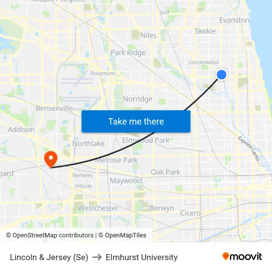 Lincoln & Jersey (Se) to Elmhurst University map
