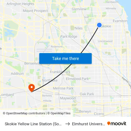 Skokie Yellow Line Station (South) to Elmhurst University map
