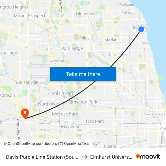 Davis Purple Line Station (South) to Elmhurst University map