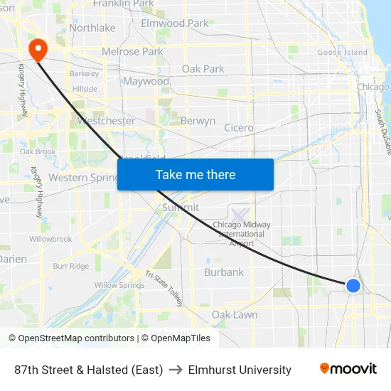 87th Street & Halsted (East) to Elmhurst University map