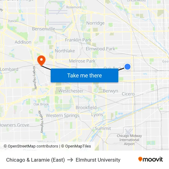 Chicago & Laramie (East) to Elmhurst University map