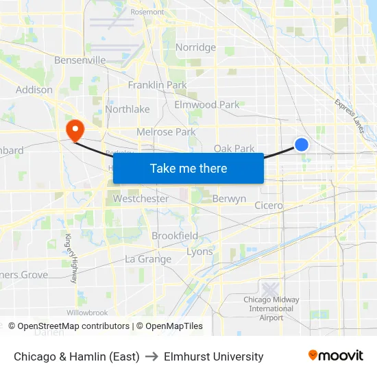 Chicago & Hamlin (East) to Elmhurst University map