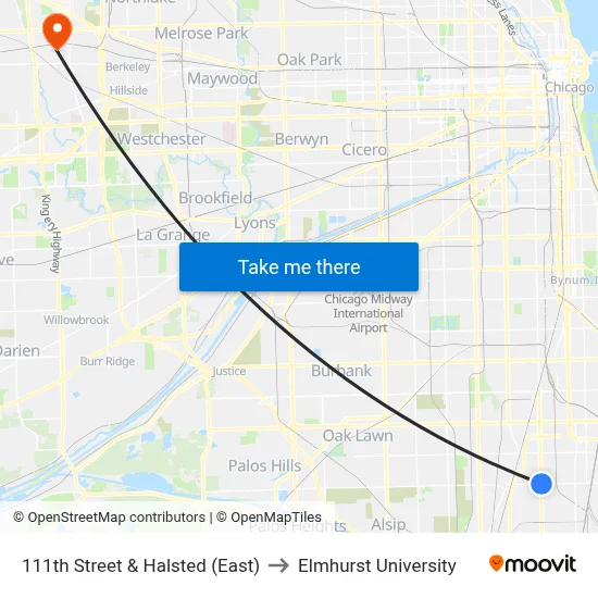 111th Street & Halsted (East) to Elmhurst University map