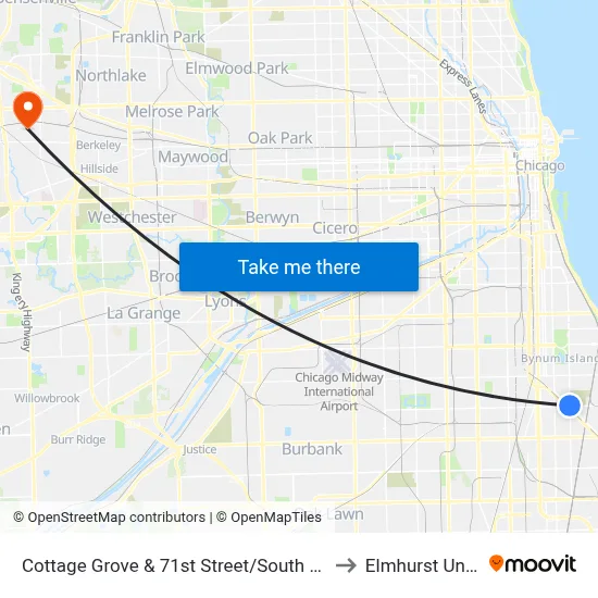 Cottage Grove & 71st Street/South Chicago (North) to Elmhurst University map