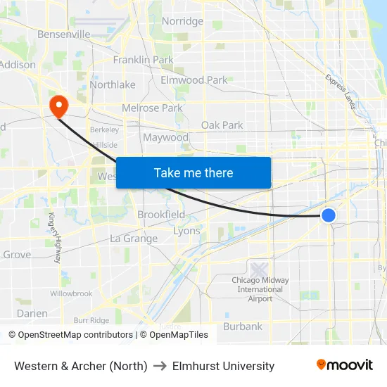 Western & Archer (North) to Elmhurst University map
