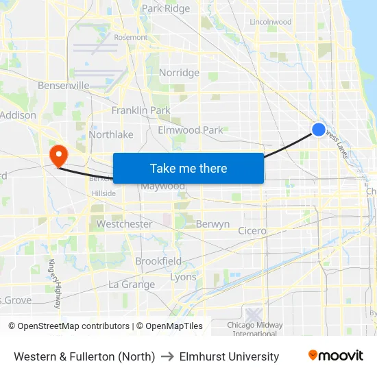 Western & Fullerton (North) to Elmhurst University map