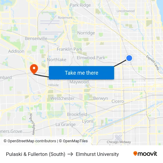 Pulaski & Fullerton (South) to Elmhurst University map