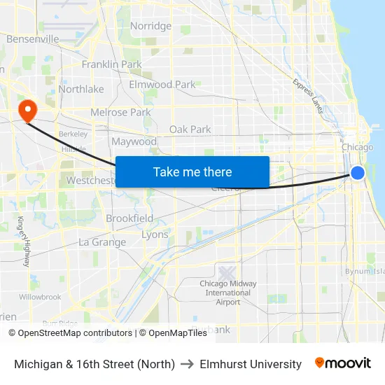 Michigan & 16th Street (North) to Elmhurst University map