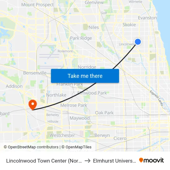 Lincolnwood Town Center (North) to Elmhurst University map
