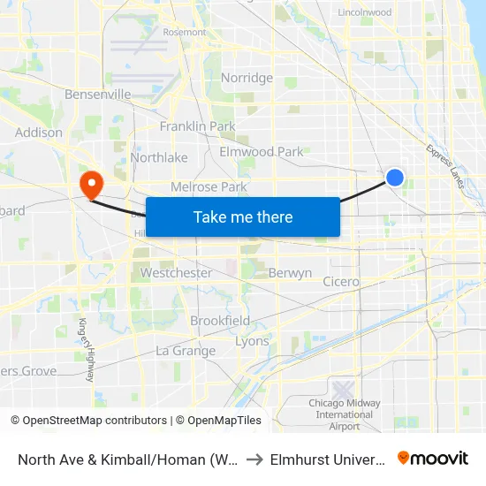 North Ave & Kimball/Homan (West) to Elmhurst University map