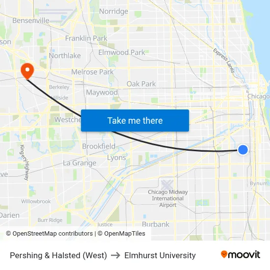 Pershing & Halsted (West) to Elmhurst University map