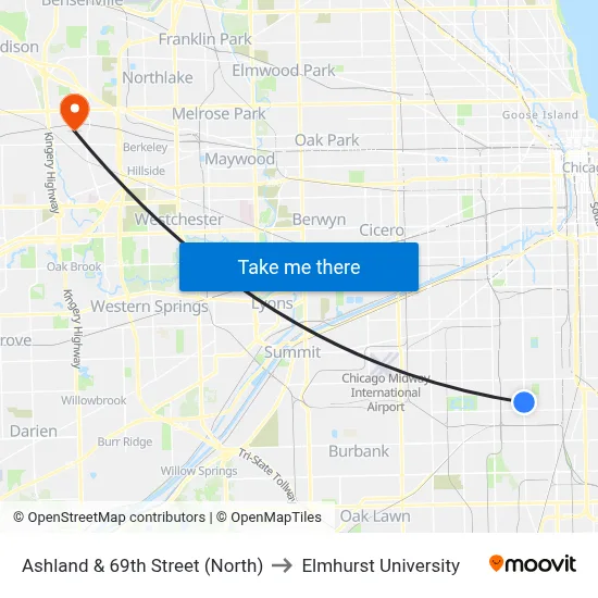 Ashland & 69th Street (North) to Elmhurst University map