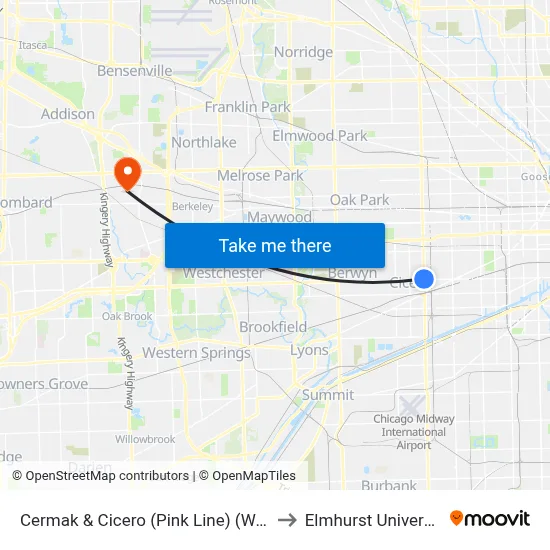 Cermak & Cicero (Pink Line) (West) to Elmhurst University map