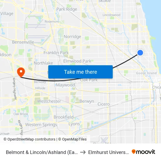 Belmont & Lincoln/Ashland (East) to Elmhurst University map
