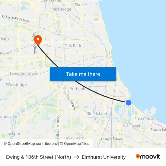 Ewing & 106th Street (North) to Elmhurst University map
