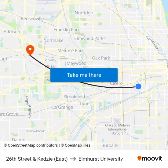 26th Street & Kedzie (East) to Elmhurst University map