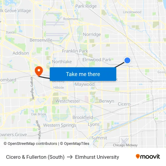 Cicero & Fullerton (South) to Elmhurst University map