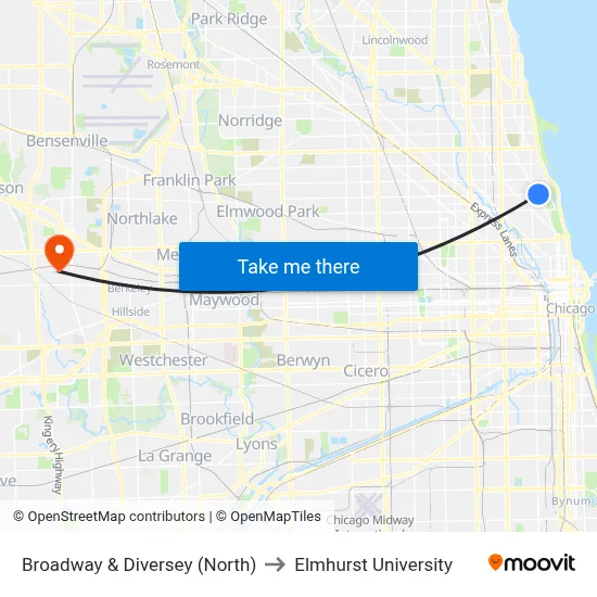 Broadway & Diversey (North) to Elmhurst University map