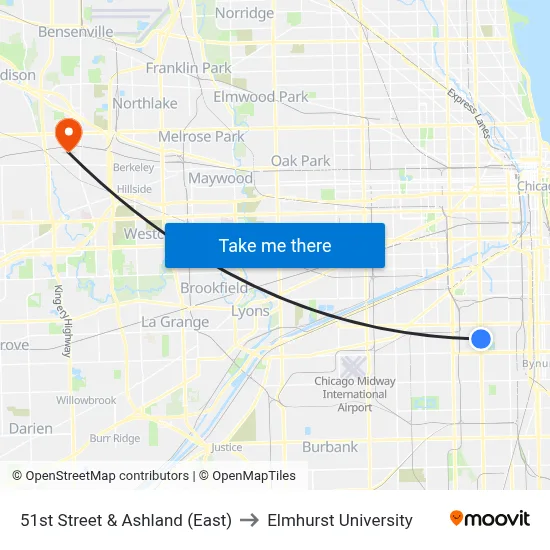 51st Street & Ashland (East) to Elmhurst University map