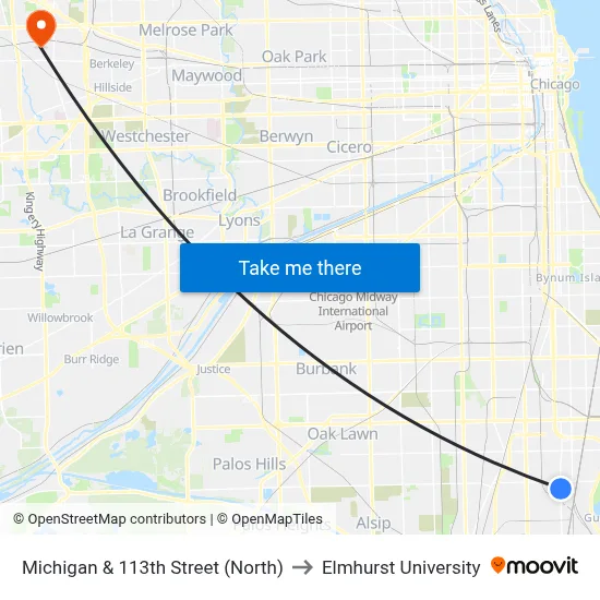 Michigan & 113th Street (North) to Elmhurst University map