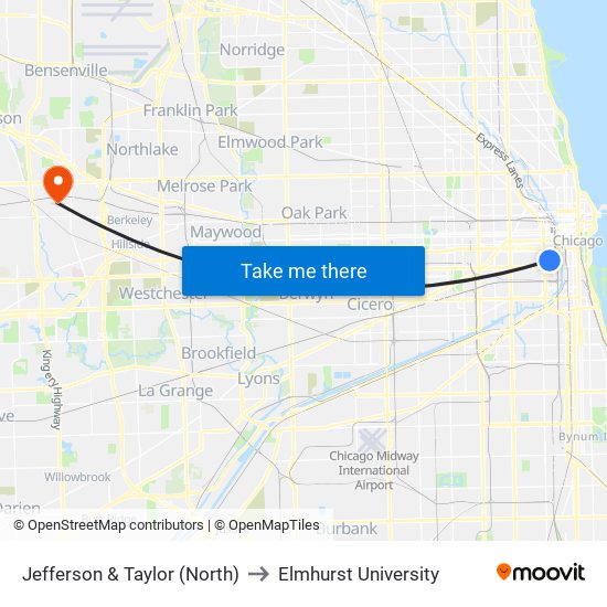 Jefferson & Taylor (North) to Elmhurst University map