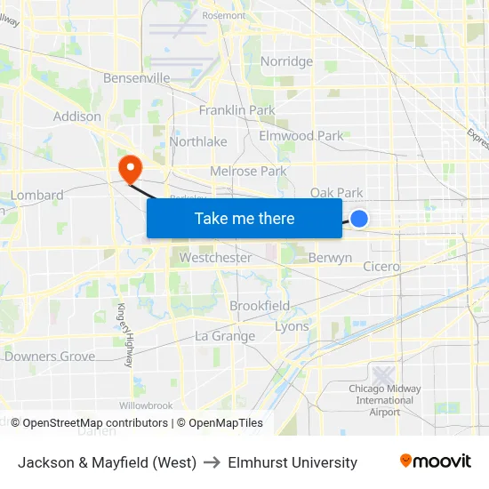 Jackson & Mayfield (West) to Elmhurst University map